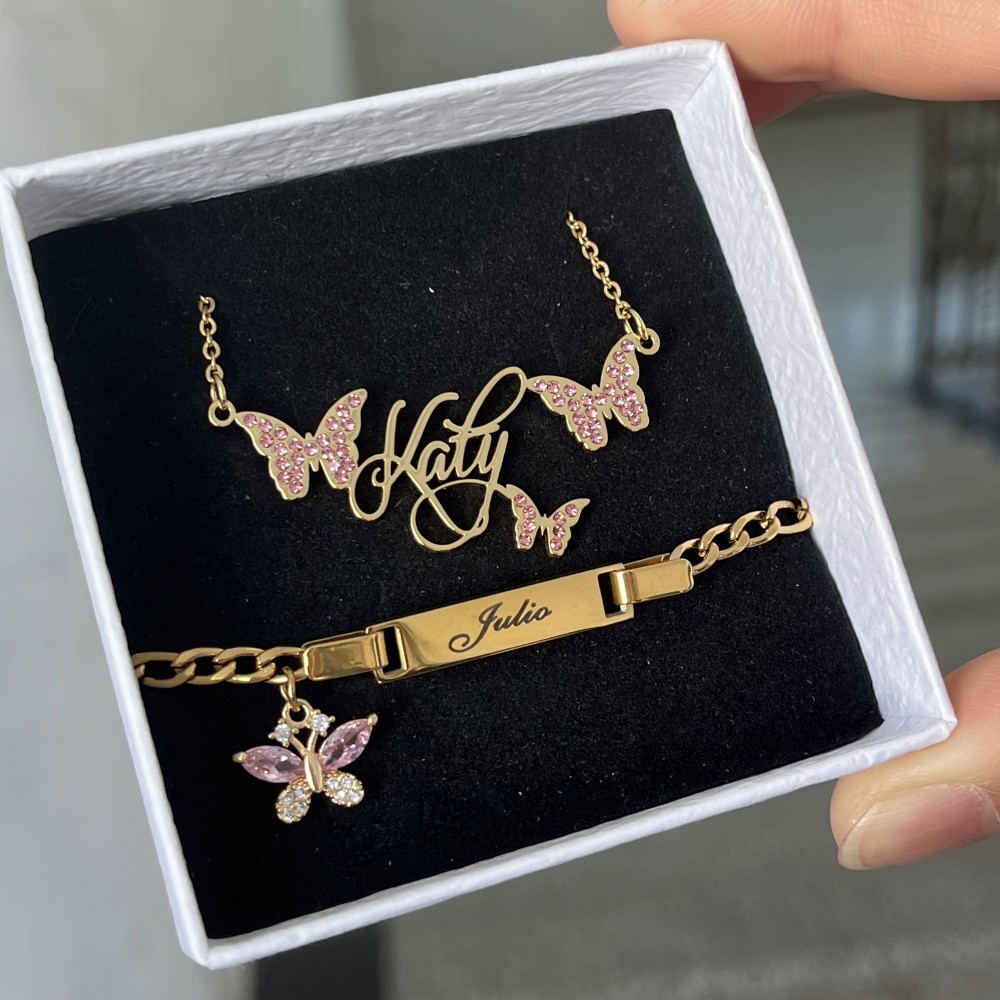 Engraved Name Necklace - DUOYING Custom Pink Butterfly Set Personlized