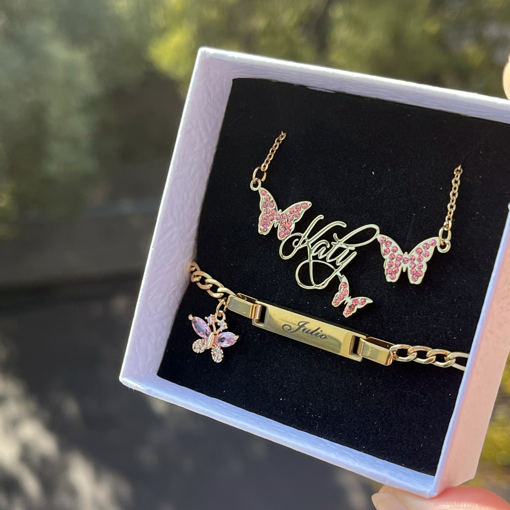 DUOYING Custom Pink Butterfly  - Engraved Name Necklace ulasan dan harga